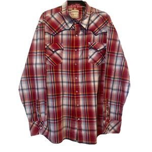 Roper Mens Shirt XXL Western RED/white/blue Plaid Button Up Long Sleeve